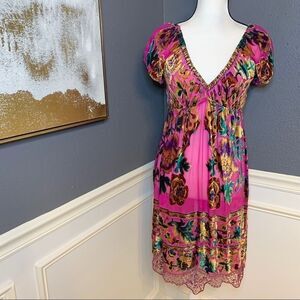 Hale Bob V neck velvet beaded dress with lace hem